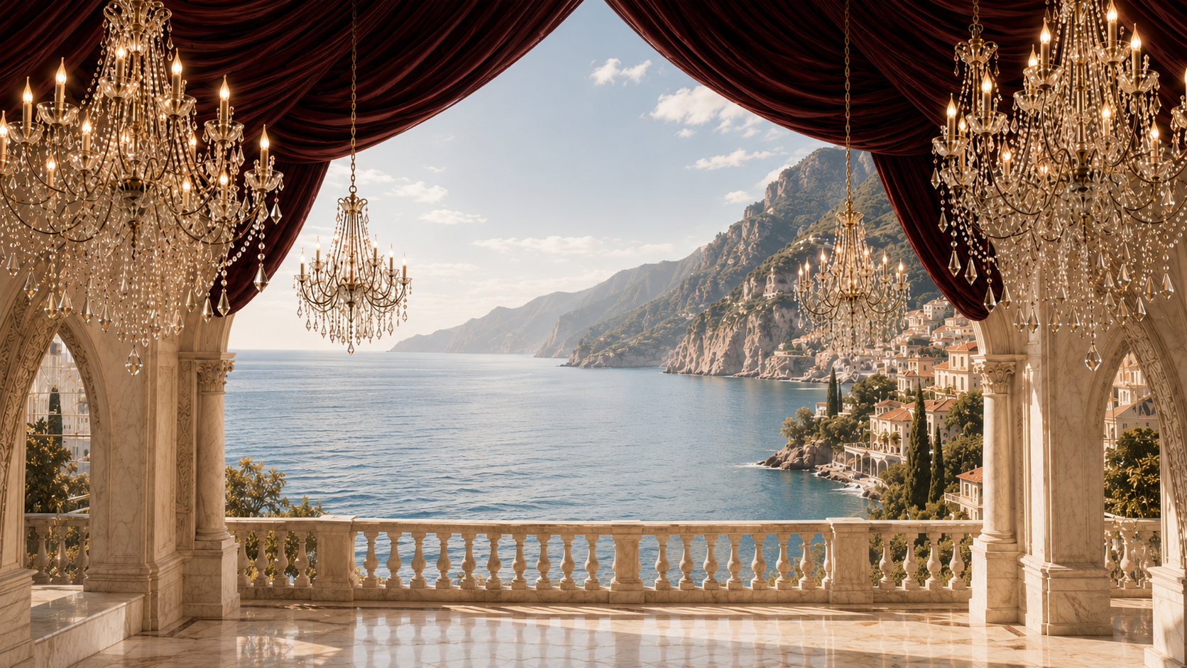 Double 8 Oud — chandeliers over a Mediterranean coastline framed by velvet drapes