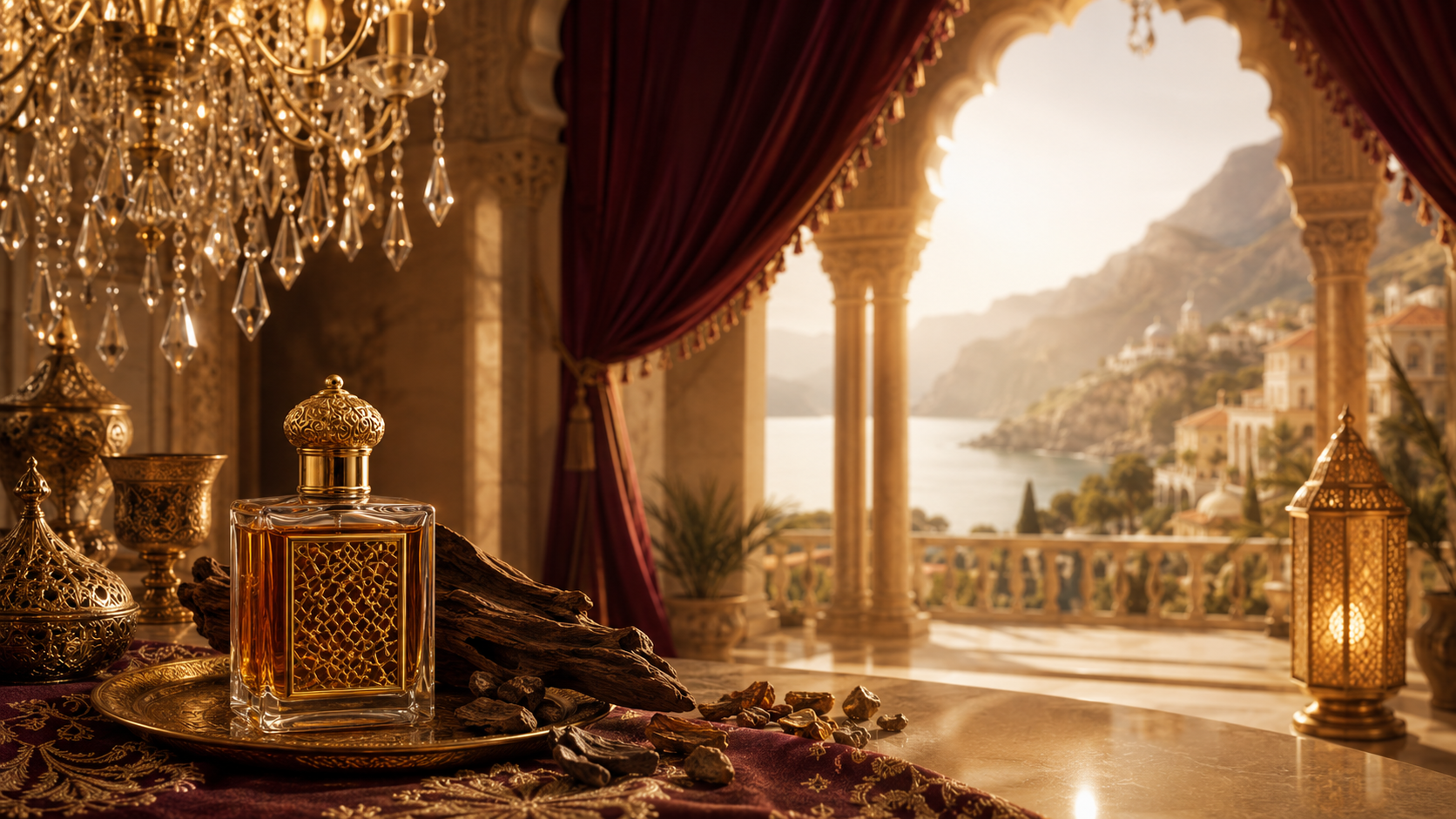 Double 8 Oud perfume bottle with oud wood on a palatial terrace overlooking the coast